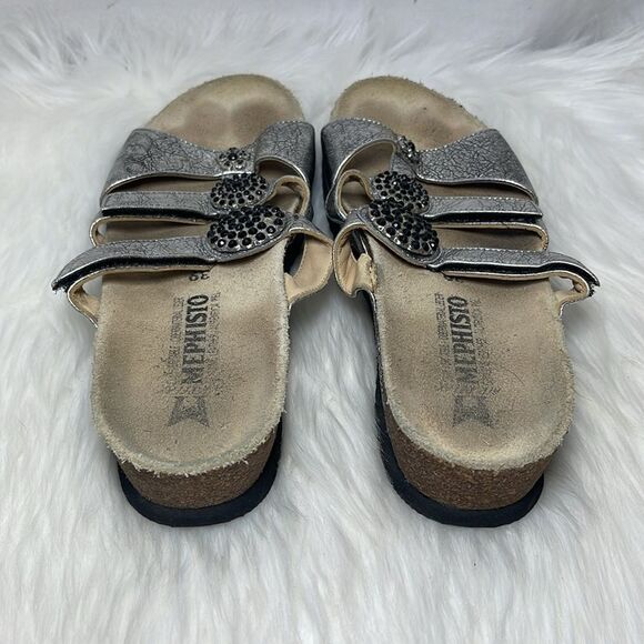 Mephisto Silver Leather Studded Strappy Slide Sandals Sz 39/US 9 - Picture 3 of 7